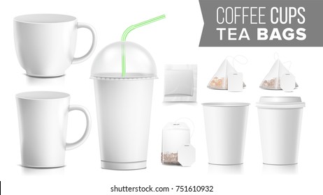 Take-out Various Ocher Paper Cups, Tea Bags Mock Up Vector. Plastic And Ceramic. Big Small Coffee Cup. Cola, Soft Drinks Cup Template. Tube Straw. 3D Cardboard Object. Isolated Illustration