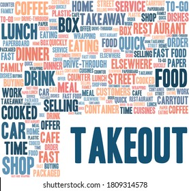 Takeout vector illustration word cloud isolated on a white background.