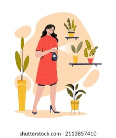 Takes care of plants. Girl watering plants from special sprayer. Pots in house, sappovodmstvo, comfort and coziness. Home greenhouse, indoor, leaves and leaf. Cartoon flat vector illustration