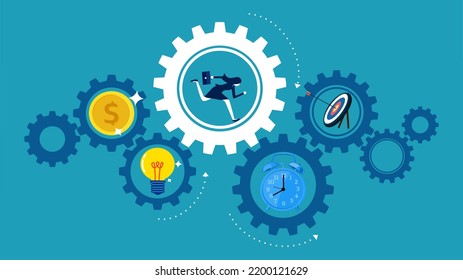  takes effort thought and time to make money. Businesswoman running with great effort in gears