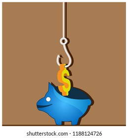 Takes the money with fishing rod. Steal money concept