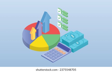 Toma una parte del gráfico rojo, calculadora y dinero, parte del ingreso.en fondo azul.diseño 3D.diseño vectorial isométrico Ilustración.