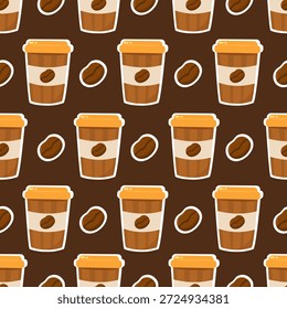 Taza de café para llevar y café en grano sin patrón con contorno blanco. Taza desechable con ilustración de bebida caliente
