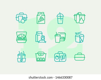 Take-with-you-meal line icon set. Set of line icons on white background. Chinese food, brunch, cardboard. Snack concept. Vector illustration can be used for topics like food eating