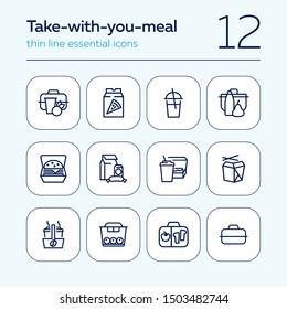 Take-with-you-meal line icon set. Set of line icons on white background. Chinese food, brunch, cardboard. Snack concept. Vector illustration can be used for topics like food, breakfast, eating
