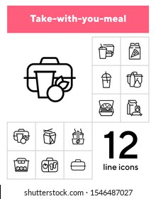 Take-with-you-meal line icon set. Set of line icons on white background. Chinese food, brunch, cardboard. Snack concept. Vector illustration can be used for topics like food, breakfast, eating