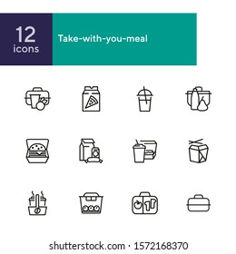 Take-with-you-meal line icon set. Set of line icons on white background. Chinese food, brunch, cardboard. Snack concept. Vector illustration can be used for topics like food, breakfast, eating