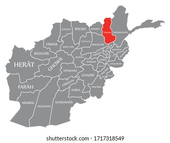 Takhar red highlighted in map of Afghanistan