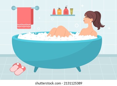 Taking bath in bathroom abstract concept. Young woman lies in water with foam, cleanses her body and relaxes. Daily routine or hygiene. Beauty and self care. Cartoon flat vector illustration