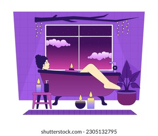 Taking bath with candle lights isolated chill lo fi image. Woman relaxing in bathtub 2D vector cartoon character illustration, vaporwave background. 80s retro album art, synthwave aesthetics