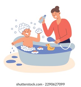 С niño se bañará con espuma, bebedor de agua, composición dibujada a mano con bañera para niños, íconos de doodle de pato de caucho y champú, ilustración vectorial del baño para bebés, concepto de crianza