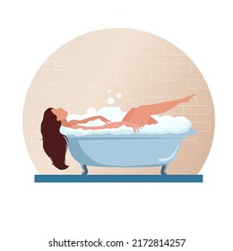 Die Frau entspannend in der Badewanne mit Seifenschaum. Bad mit Blasen. Konzept der Selbstfürsorge. Home-Spa-Prozedur-Illustration.