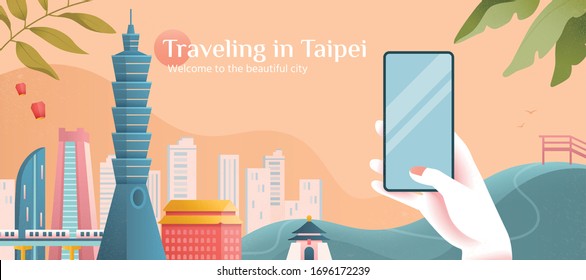 Taking a beautiful picture of Taipei city skyline in flat style, designed from the concept of tour advertising famous city landmarks