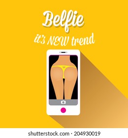 Taking Belfie Photo on Smart Phone concept on orange background. vector illustration