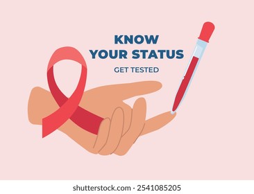 Tomando sangue para HIV, análise da AIDS. Mão com uma fita vermelha. Banner de conscientização do Dia Mundial da Aids. Ilustração vetorial em estilo plano.