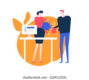 Taking a break - flat design style colorful illustration on white background. A composition with office workers, woman pouring out tea, helping her colleague. Workplace with a desk and computer