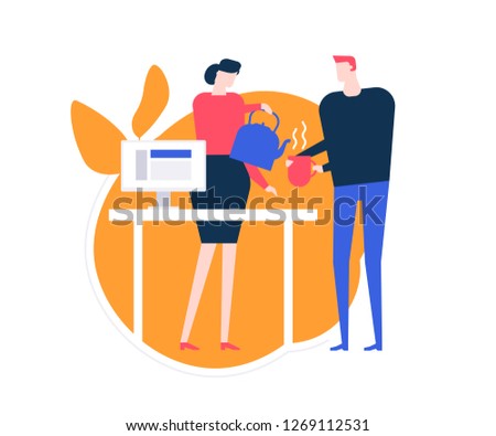 Taking a break - flat design style colorful illustration on white background. A composition with office workers, woman pouring out tea, helping her colleague. Workplace with a desk and computer