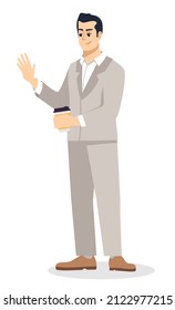 Taking break at work semi flat RGB color vector illustration. Businessman holding coffee cup and waving hand isolated cartoon character on white background