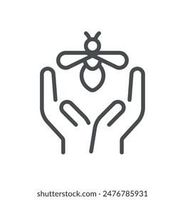 Taking Care of Bees Icon. Thin Line Illustration of Hands Gently Holding a Bee, Representing the Care and Protection of Bees. Isolated Vector on White Background.