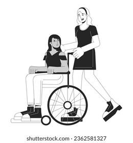 Taking care bw concept vector spot illustration. Woman helping person on wheelchair 2D cartoon flat line monochromatic characters on white for web UI design. Editable isolated outline hero image