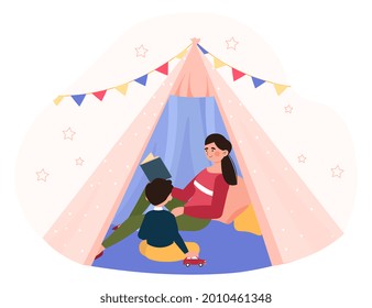 El cuidado del concepto de los niños. Madre leyendo un libro y contando la historia con su hijo en la tienda de té. Historias de la cama para niños. Dibujo vectorial plano moderno aislado en un fondo blanco