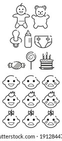 Taking care of children. Newborn baby, todler emotions. Toys, pacifier, milk bottle, food, diaper. Birthday cake. Thin line icons for web, applications and design. Minimalistic flat style.