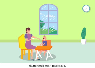 Taking care children vector concept: Baby sitter feeding food cute baby while sitting together at home
