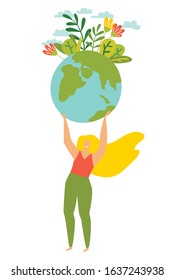 Taking care of Earth and saving planet vector illustration. Green leaf and blooming flowers.Woman holds a planet. Happy Earth Day.Nature Protection,ecology support concept.Isolated on white background