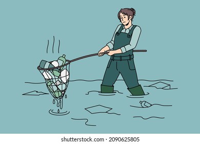 Taking care of Ecology and environment concept. Volunteer girl sitting in water and picking up collecting garbage trash taking care of ecological situation vector illustration 