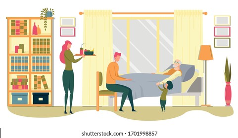 Taking Care for Elderly Family Member at Home. Grandfather Family Lie in Bed, Grandson Hold his Hand. Man Sit on Chair and Look after Elderly, Woman Bring Healthy Food and Fruit Plate.