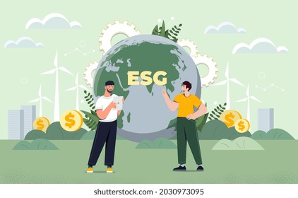 Taking care of environmental condition ESG. Scientists have discovered alternative energy sources. Preserving resources of planet. Cartoon modern flat vector illustration isolated on green background