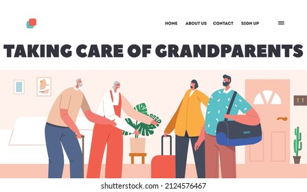 Taking Care of Grandparents Landing Page Template. Male and Female Characters with Luggage Come to Visit Old Parents in their Home. Happy Family Meeting. Cartoon People Vector Illustration