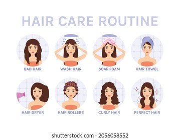 Taking Care of Long Hair. Procedures. Pretty Woman Washes Head, Applies Foam. Lady does Hairstyle, Uses a hair Dryer, Rolllers, Towel. Healthy Clean Hair and Happy Girl. Set. Vector illustration.