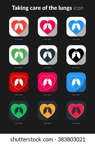 Taking care of the lungs icons set for icon application mobile or button main screen phone. Colorful vector flat style design template with drop shadow on dark grey background.