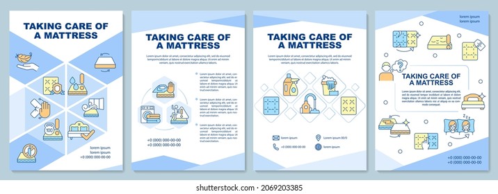 Taking care of mattress brochure template. Maintenance instruction. Flyer, booklet, leaflet print, cover design with linear icons. Vector layouts for presentation, annual reports, advertisement pages