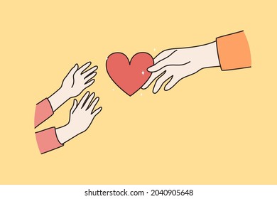 Taking care and parent child love concept. Hands of adult person giving red heart to childish hands reaching for it over yellow background vector illustration 