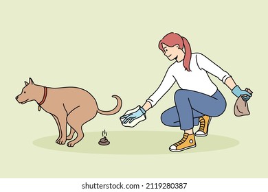 Taking care of pets and environment concept. Young woman cleaning ground from her dogs poo in gloves with bag thinking of environment vector illustration 