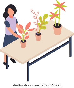 Taking Care of Plant isometric Concept, Girl Caring of Houseplant or Moving to Another Spot Vector Icon Design, Weekly holidays Activity Symbol, Week Rest Days Sign, Lazy weekends people illustration