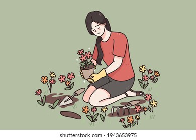 Taking care of plants, growing flowers concept. Young smiling woman cartoon character sitting on floor holding red flower in pot taking care gardening vector illustration 