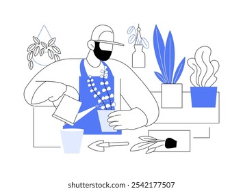 Cuidando de plantas ilustrações isoladas de vetor de desenhos animados. Jovem lida com plantas em casa, cuidando de vegetação, vida vegetal, tarefas domésticas, botânica hobby vetor cartoon.