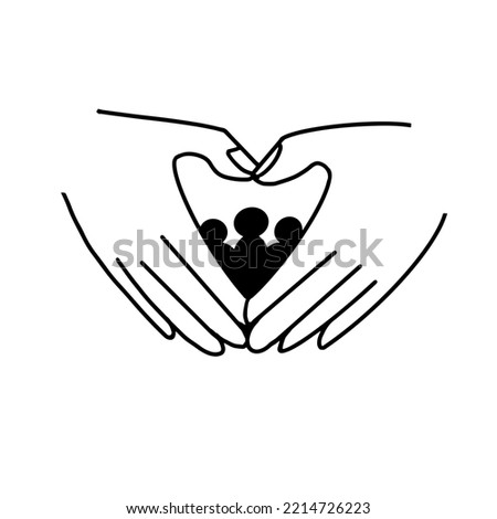 Taking care of refugees. Hands joined in the shape of a heart protect people. Help and support for people in difficult life situations. Icon. Black and white vector illustration