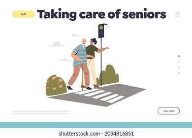 Taking Care Of Senior Concept Of Landing Page With Young Woman Helping Elder Man Cross Street Road On Crosswalk. Girl Walking With Old Gray Hair Male. Cartoon Flat Vector Illustration