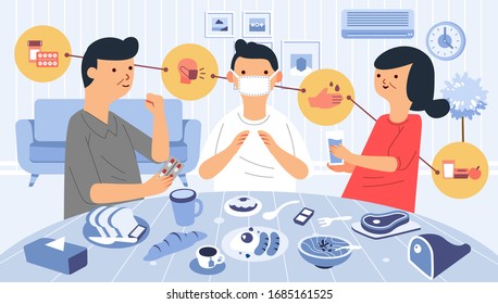 taking care of the sick at home with medicine, healthy food, washing hand, and wearing mask. family taking care of their family member. use for social media poster, landing page illustration.