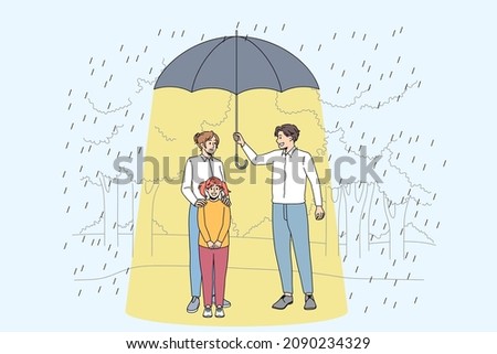 Taking care and support concept. Young smiling man standing and holding huge umbrella under woman mother and her little daughter on rainy day vector illustration 