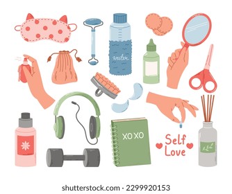 Taking care of your body and self love concept. Skin care, healthy spa, beauty products and cosmetics. Set of vector isolated flat elements.