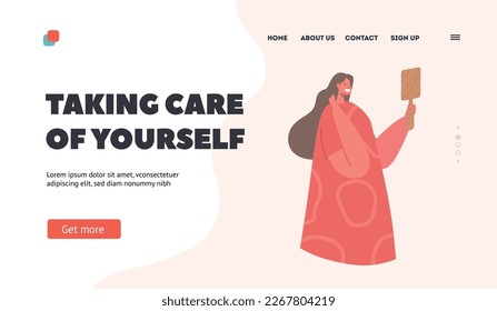 Taking Care of Yourself Landing Page Template. Attractive Young Woman Look in Mirror Refreshing Makeup or Preen. Female Character Admire with her Image Look in Reflection. Cartoon Vector Illustration