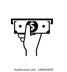 Taking cash from atm outline icon. Clipart image isolated on white background