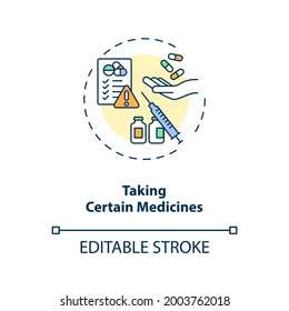 Taking certain medicines concept icon. Dry eye causes. Clinical treatment process of eyes diseases idea thin line illustration. Vector isolated outline RGB color drawing. Editable stroke