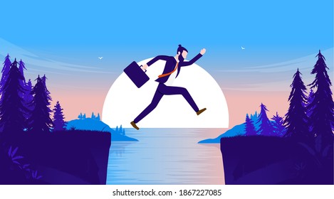 Taking chances - Business man jumping over cliff in nature in front of big sun. Business risk and bravery concept. Vector illustration.