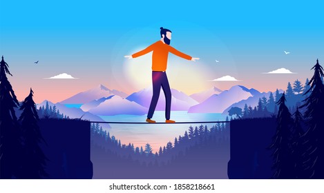 Taking chances in life - Casual man balancing on line in high altitude with landscape in background. Challenge yourself, life balance and motivation concept. Vector illustration.